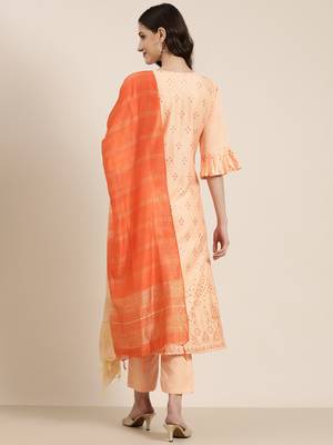 women's round neck floral foil print peach straight kurta and trouser with dupatta 4