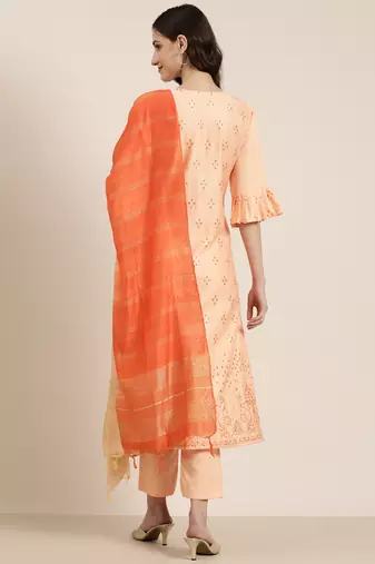 women's round neck floral foil print peach straight kurta and trouser with dupatta