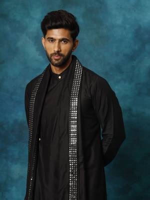 Black Viscose Rayon Chinese Collar Kurta Pyjama Set 4