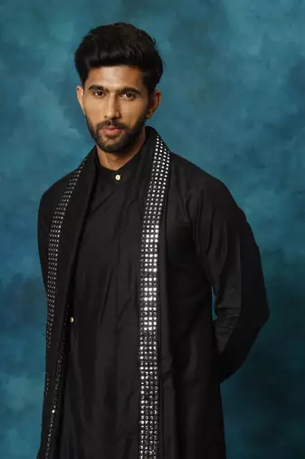 Black Viscose Rayon Chinese Collar Kurta Pyjama Set