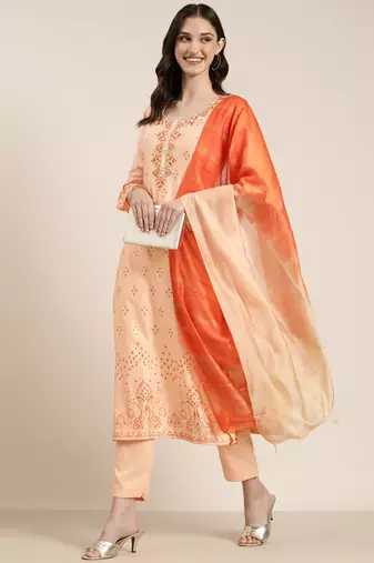 women's round neck floral foil print peach straight kurta and trouser with dupatta