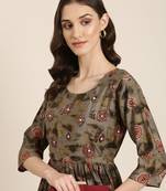 women's round neck geometric foil print olive anarkali kurta and trouser