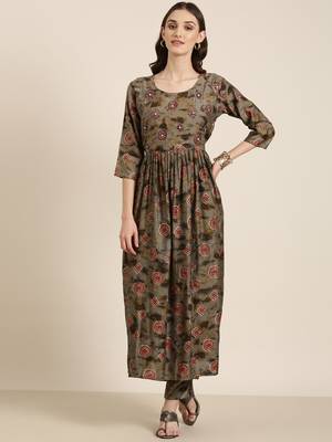 women's round neck geometric foil print olive anarkali kurta and trouser 2