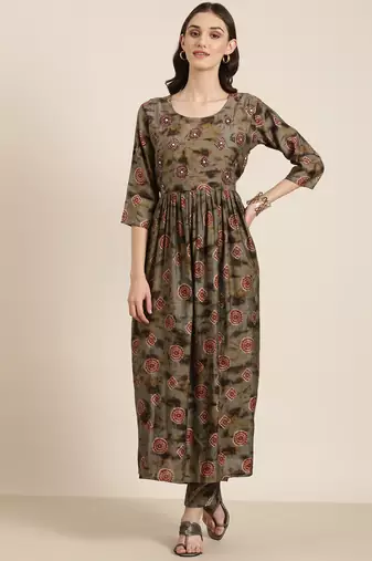 women's round neck geometric foil print olive anarkali kurta and trouser