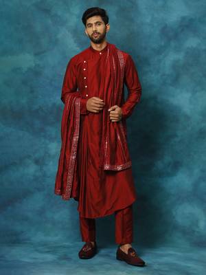 Men'S Maroon Viscose Blend Kurta, Pyjama & Dupatta Set 1