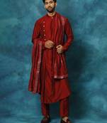 Men'S Maroon Viscose Blend Kurta, Pyjama & Dupatta Set