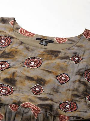 women's round neck geometric foil print olive anarkali kurta and trouser 3