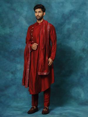 Men'S Maroon Viscose Blend Kurta, Pyjama & Dupatta Set 2