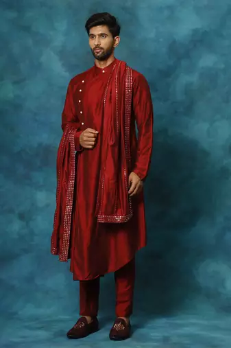 Men'S Maroon Viscose Blend Kurta, Pyjama & Dupatta Set