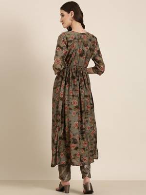 women's round neck geometric foil print olive anarkali kurta and trouser 4