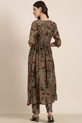 women's round neck geometric foil print olive anarkali kurta and trouser