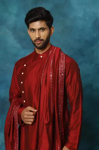 Men'S Maroon Viscose Blend Kurta, Pyjama & Dupatta Set