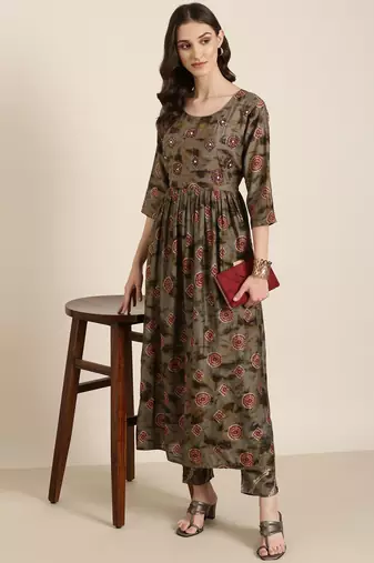 women's round neck geometric foil print olive anarkali kurta and trouser