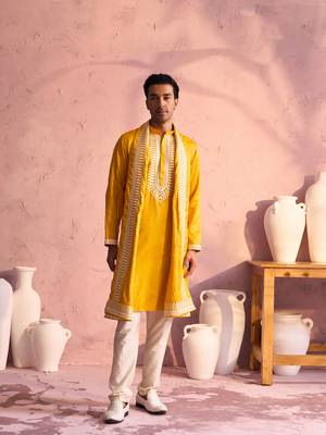 men's yellow and cream moonga silk kurta, pyjama & dupatta set 1