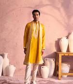  men's yellow and cream moonga silk kurta, pyjama & dupatta set