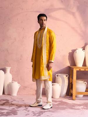  men's yellow and cream moonga silk kurta, pyjama & dupatta set 2