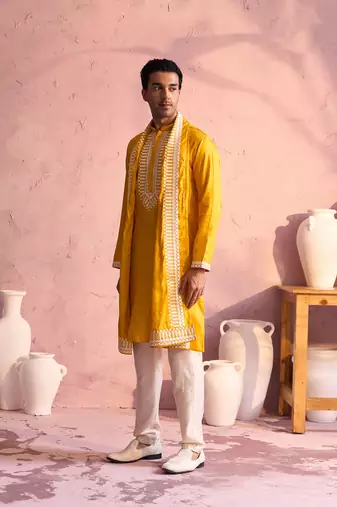  men's yellow and cream moonga silk kurta, pyjama & dupatta set