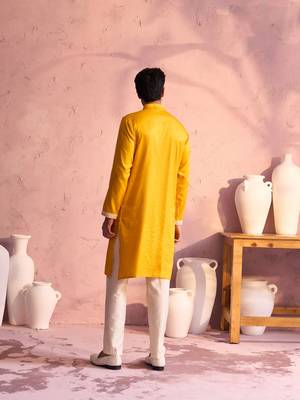  men's yellow and cream moonga silk kurta, pyjama & dupatta set 3