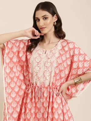 women's round neck floral coral kaftan kurta and trouser 1