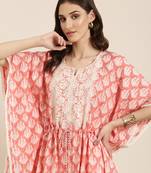 women's round neck floral coral kaftan kurta and trouser