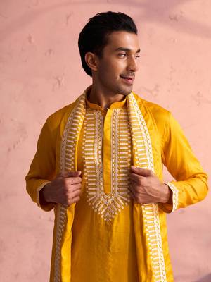  men's yellow and cream moonga silk kurta, pyjama & dupatta set 4