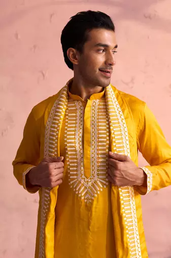  men's yellow and cream moonga silk kurta, pyjama & dupatta set
