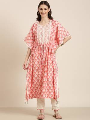 women's round neck floral coral kaftan kurta and trouser 2