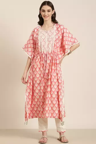 women's round neck floral coral kaftan kurta and trouser