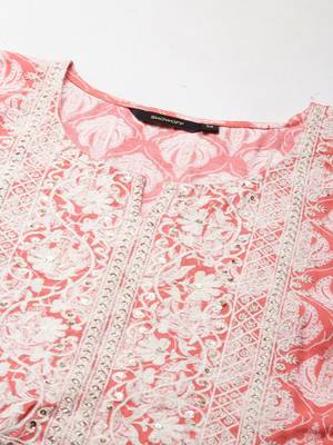 women's round neck floral coral kaftan kurta and trouser 3