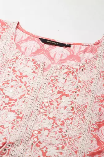women's round neck floral coral kaftan kurta and trouser
