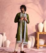  mehendi green and cream moonga silk kurta, pyjama & dupatta set