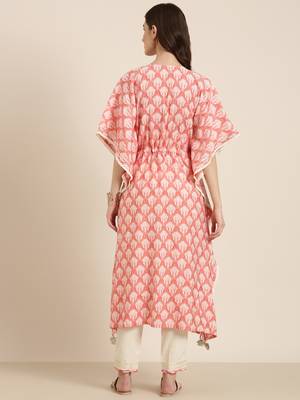 women's round neck floral coral kaftan kurta and trouser 4