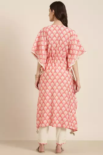 women's round neck floral coral kaftan kurta and trouser