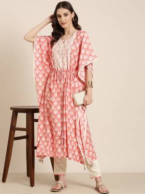 women's round neck floral coral kaftan kurta and trouser 5