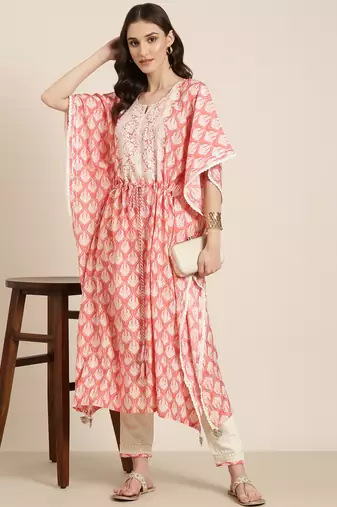 women's round neck floral coral kaftan kurta and trouser