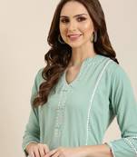 women's mandarin collar solid sea green straight kurta and trouser