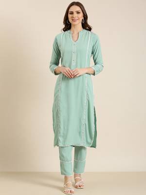women's mandarin collar solid sea green straight kurta and trouser 2