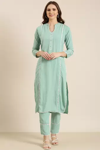 women's mandarin collar solid sea green straight kurta and trouser