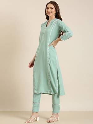 women's mandarin collar solid sea green straight kurta and trouser 3