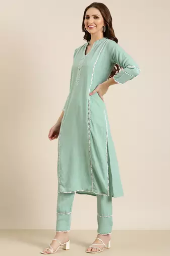 women's mandarin collar solid sea green straight kurta and trouser