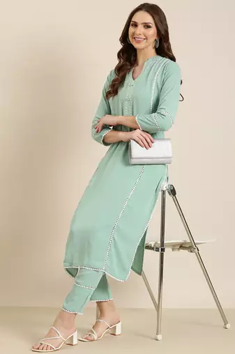 women's mandarin collar solid sea green straight kurta and trouser