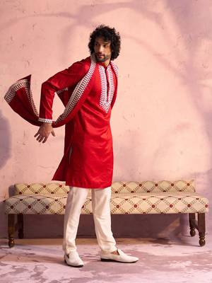  men's red and cream moonga silk kurta, pyjama & dupatta set 1
