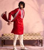  men's red and cream moonga silk kurta, pyjama & dupatta set