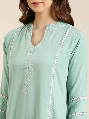 women's mandarin collar solid sea green straight kurta and trouser 5