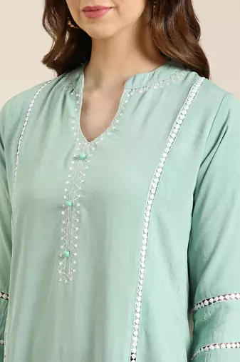 women's mandarin collar solid sea green straight kurta and trouser