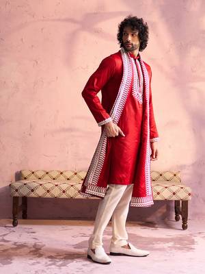  men's red and cream moonga silk kurta, pyjama & dupatta set 2
