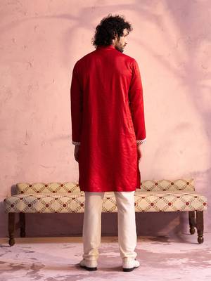  men's red and cream moonga silk kurta, pyjama & dupatta set 3