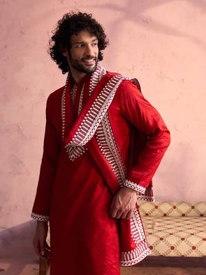  men's red and cream moonga silk kurta, pyjama & dupatta set 4
