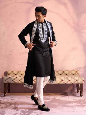  black and cream moonga silk kurta, pyjama & dupatta set 1