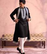 men's black and cream moonga silk kurta, pyjama & dupatta set